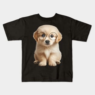 Golden retriever puppy with adorable round glasses Kids T-Shirt